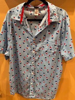 Fifth Sun Men Light Blue Button-Down Shirt Red, White & Blue Popsicle Print XL